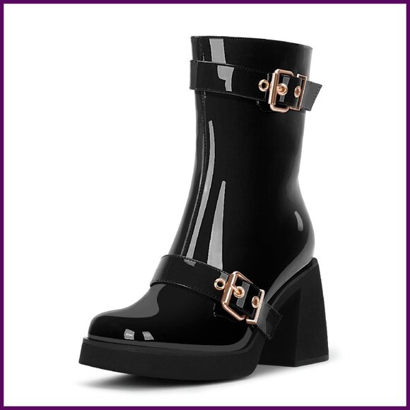 Chunky Heel Square Toe Platform Mid Calf Boots with Side Zipper
